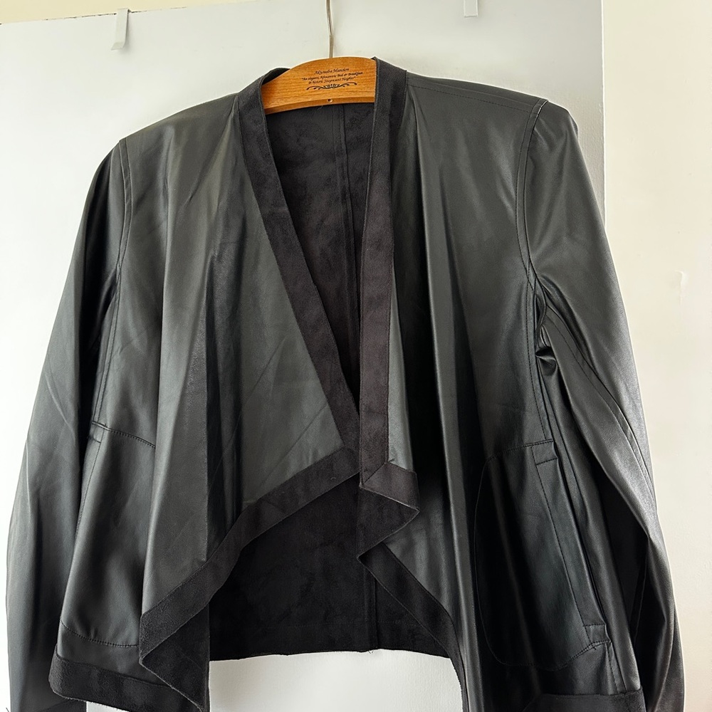 Sleek Black Leather Jacket with Waterfall Front